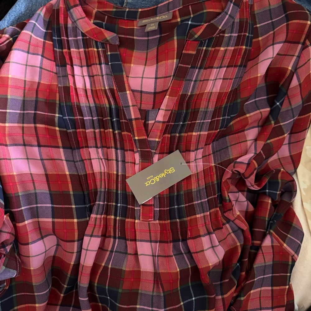 Style & Co. Red and Pink Plaid Blouse - Picture 3 of 3